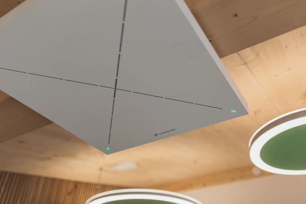 Sennheiser ceiling microphone on the wooden ceiling of the RiverRoom